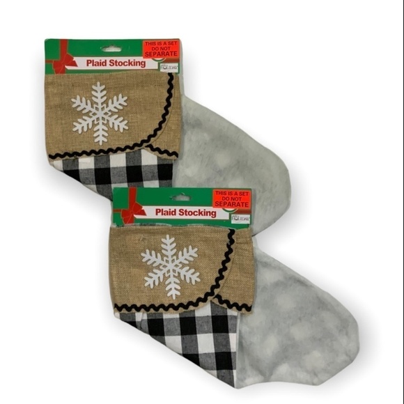 Christmas Stockings Buffalo Plaid Check Black White Burlap Set of 2 - Picture 7 of 8